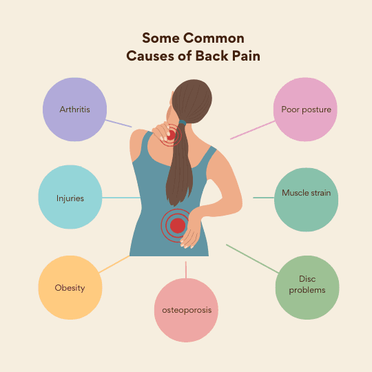 Top 10 Causes of Back Pain and How to Prevent Them Illustration showing a woman holding her neck and lower back, with labeled circles highlighting common causes of back pain including poor posture, muscle strain, disc problems, arthritis, injuries, obesity, and osteoporosis.